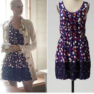 Anthropologie Color-Drenched Dress Silk Polka Dot Print Lace Trim, Size 6